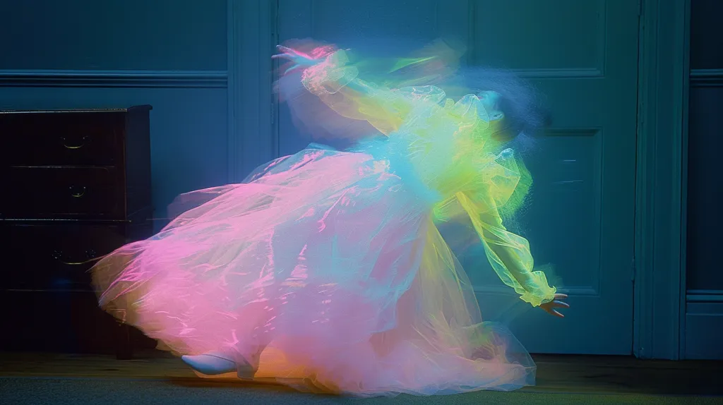 Here's a description of the image:

The photograph captures a figure in a flowing, pastel tulle dress, seemingly in motion. The dress shimmers with iridescent hues of pink, blue, and yellow, giving the impression of a spectral or ethereal being.  The figure's form is somewhat blurred, suggesting movement or a dreamlike quality. The setting appears to be an interior room with teal walls and a dark wooden dresser in the background, adding to the mysterious and otherworldly atmosphere. The overall mood is dreamy and surreal.