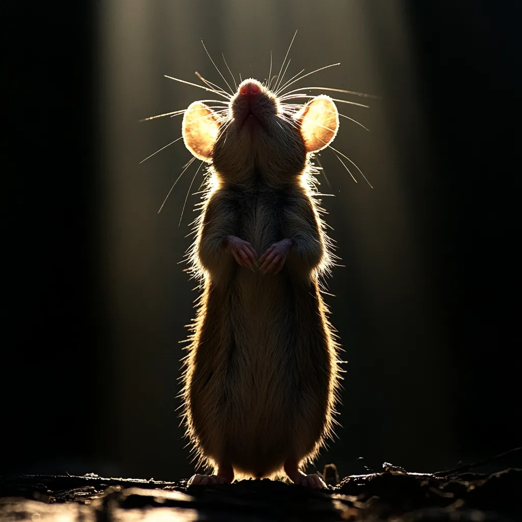Here's a description of the image:

The photograph captures a rodent, possibly a field mouse, standing bipedally. Backlit by a shaft of sunlight, its silhouette is dramatic against a dark background.  The light illuminates its ears and fur, creating a halo effect. The mouse's posture is upright, its paws pressed together, giving it an almost prayerful or contemplative appearance. The overall mood is serene yet slightly eerie due to the stark contrast between light and shadow.  The background is blurred and indistinct, drawing focus entirely to the animal.