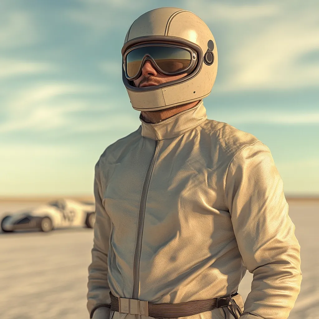 A vintage-style image depicts a race car driver, standing in a beige racing suit and off-white helmet with goggles.  The driver gazes thoughtfully towards the horizon on a sun-drenched salt flat. A classic race car is partially visible in the background, adding to the nostalgic and retro aesthetic. The overall tone is warm and evokes a sense of classic motorsport.