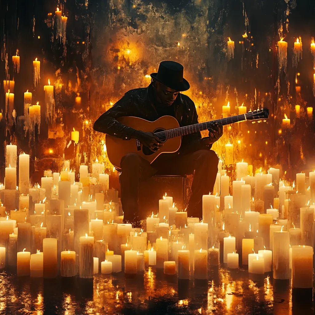 A silhouetted man in a black hat sits playing an acoustic guitar.  He's surrounded by a multitude of lit candles, their warm glow illuminating him against a dark, textured background. The candles create a mesmerizing ambiance, casting soft reflections on a wet floor.  The overall mood is intimate, melancholic, and slightly mystical. The image has a dramatic, artistic quality.