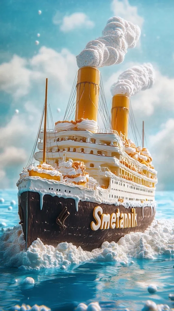 Here's a description of the image:

The image is a whimsical digital rendering of a ship, styled like a cake, sailing on a sea of whipped cream.  The vessel resembles the Titanic, with chocolate-brown hull, white icing detailing, and yellow candy-like smokestacks emitting fluffy white clouds. The name "Smetanik," possibly a dessert reference, is written in icing on the hull. The ocean is a vibrant blue, dotted with small white spheres mimicking foam, adding to the dessert-like theme. The overall style is playful and surreal.