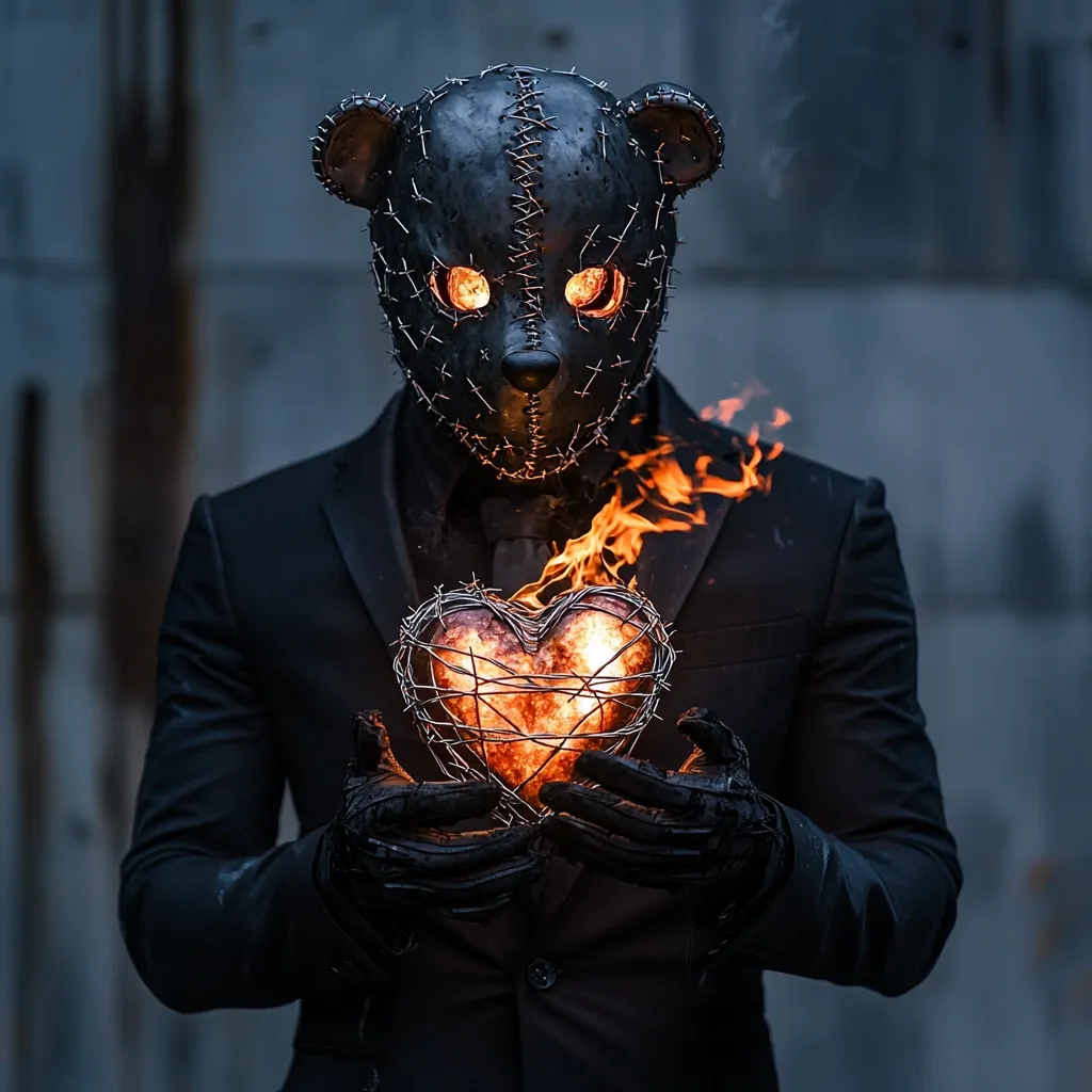 A figure in a dark suit and a menacing, stitched metal teddy bear mask holds a burning wire heart.  The flames engulf the heart, creating a dramatic contrast against the dark attire and mask. The image evokes feelings of danger, mystery, and a perhaps paradoxical blend of darkness and affection. The backdrop is a muted, industrial-looking setting. The overall aesthetic is gothic and darkly artistic.