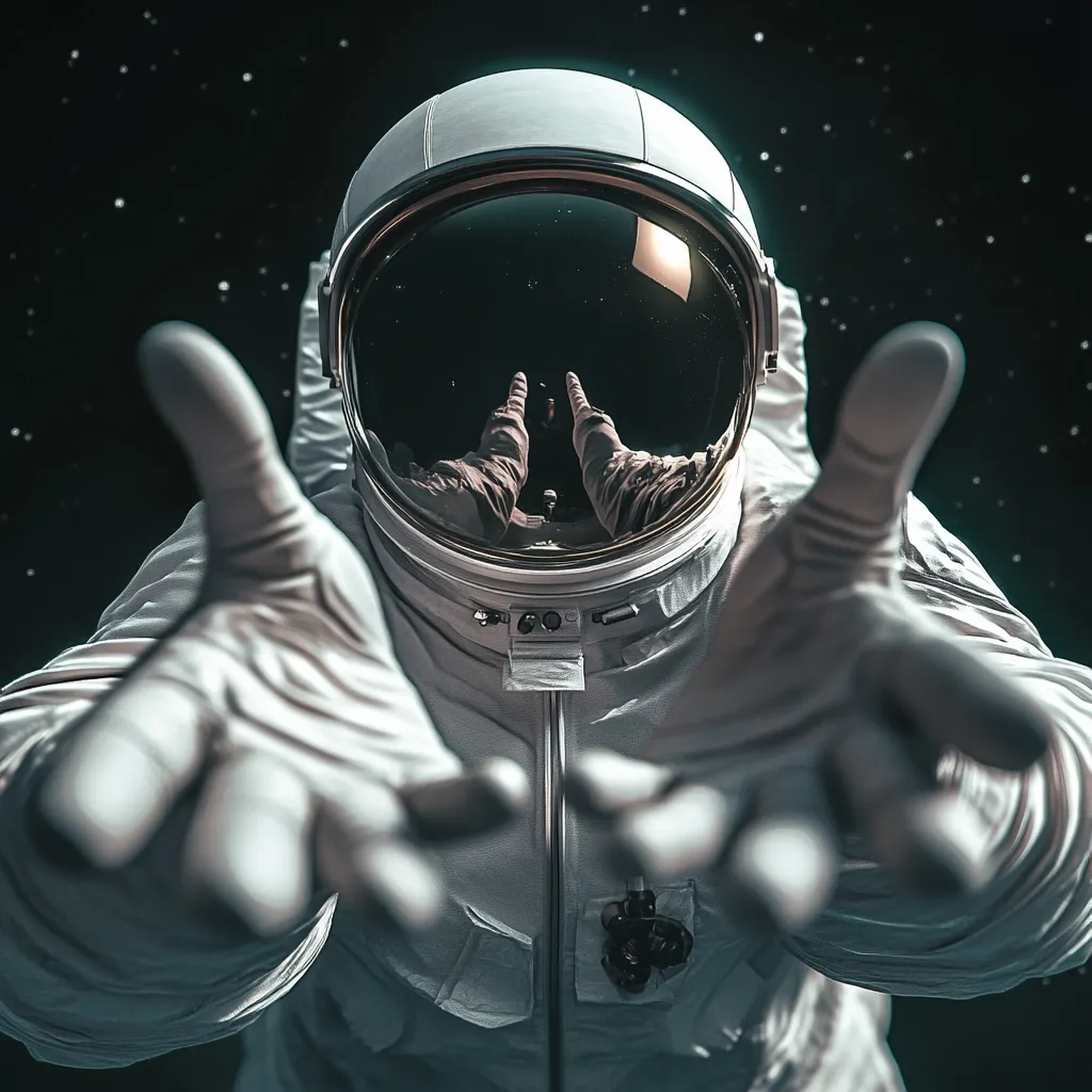 Close-up view of an astronaut in a spacesuit, floating in space.  The astronaut's hands are outstretched, palms up, in a welcoming or offering gesture. The visor of the helmet reflects a mirrored image of the hands and the dark, star-filled expanse of space. The overall tone is dark and moody, emphasizing the vastness of space and the solitary figure of the astronaut.  The image evokes a sense of both isolation and connection.