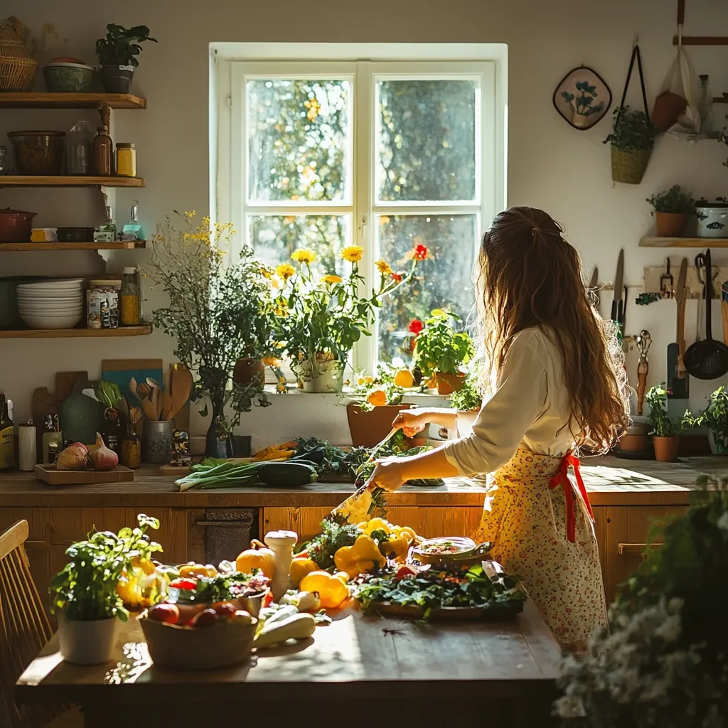 A woman with long brown hair, wearing a floral apron, stands in a sun-drenched kitchen preparing vegetables.  The kitchen is rustic and charming, filled with potted plants on the windowsill and shelves stocked with jars and cookware. A wooden table is laden with an abundance of colorful fresh produce, including peppers, squash, and leafy greens. The overall scene evokes a feeling of warmth, natural beauty, and home-cooked goodness.