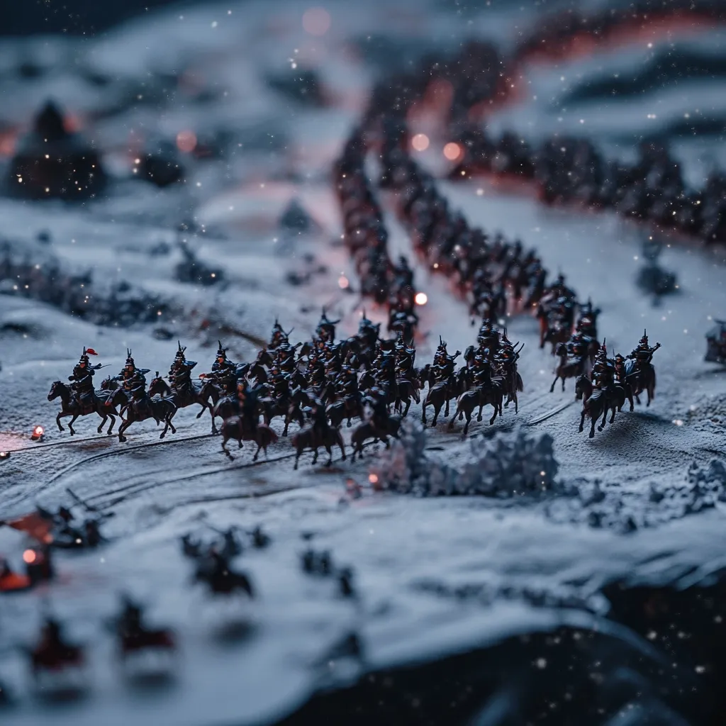 A detailed diorama depicts a cavalry charge across a snowy battlefield.  Miniature soldiers on horseback advance in formation, their dark figures contrasting sharply against the white snow.  A larger battle unfolds in the background, suggested by a blurred mass of figures and flickering lights, possibly representing fire or explosions. The scene is evocative of a historical military conflict, captured with a dramatic, almost cinematic perspective.  Snow lightly falls, enhancing the cold, harsh atmosphere.