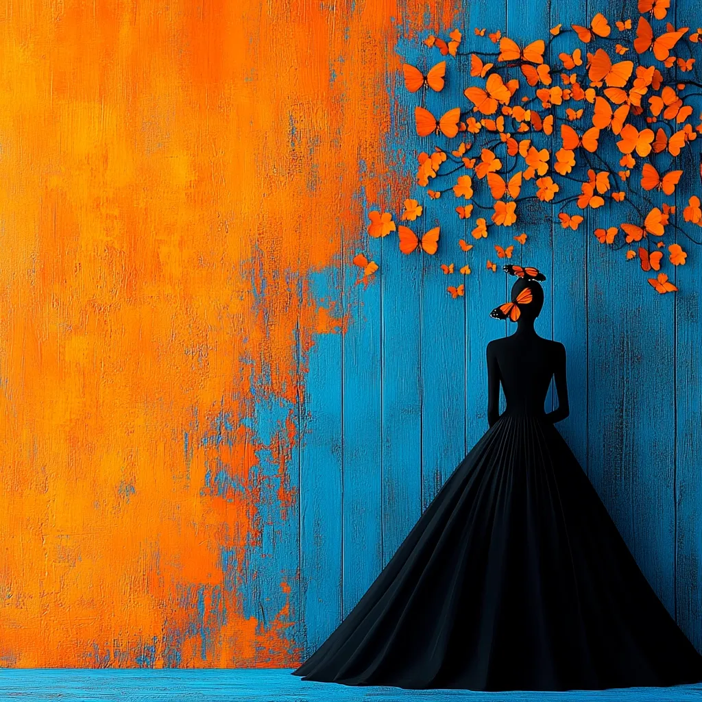 Here's a description of the image:

The image is a stylized artwork featuring a black silhouette of a woman in a long, flowing gown standing against a vibrant two-toned background.  The background is split vertically, with a textured, bright orange on the left and a teal-blue wood-plank effect on the right.  A cluster of orange butterflies adorns the blue side, seemingly emanating from the woman's head, where two butterflies rest. The contrast between the dark figure, the bold colors, and delicate butterflies creates a visually striking and artistic effect. The overall mood is one of elegance and surreal beauty.