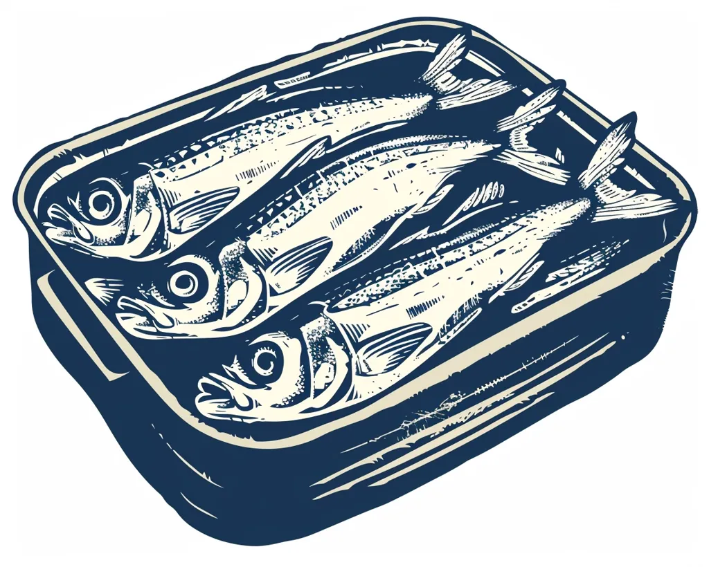 Here's a description of the image:

A stylized illustration depicts a rectangular tin filled with three whole fish. The fish, detailed with etched lines suggesting scales and textures, are arranged tightly, their heads facing different directions. The tin itself is dark navy blue, showing hints of a textured surface, giving it a vintage or antique feel. The style is reminiscent of woodcut printing or a linocut, with a strong contrast between the light-colored fish and the dark tin. The overall composition is striking, showcasing a simple yet effective visual representation of canned fish.