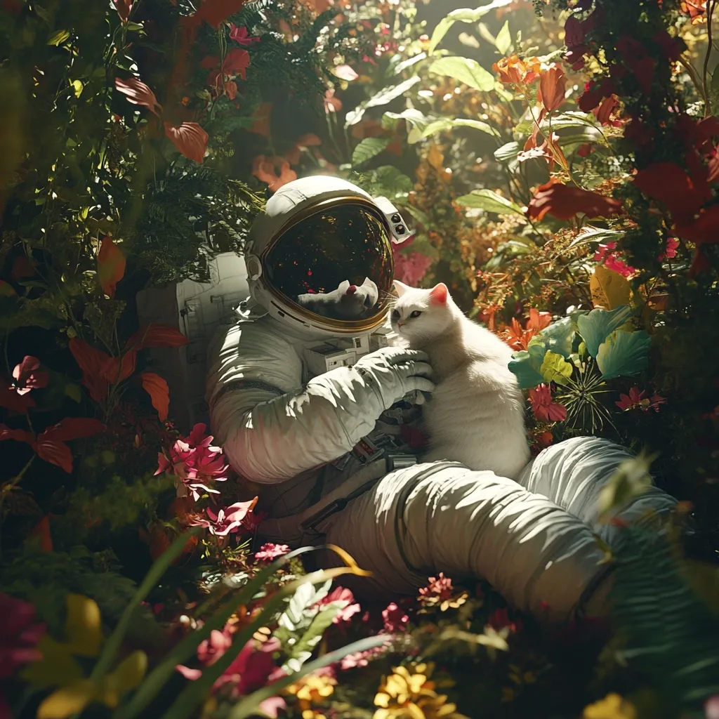 An astronaut, nestled amongst vibrant, exotic flowers, cradles a white cat.  Sunlight filters through the lush foliage, illuminating the scene. The astronaut's spacesuit is pristine, contrasting with the rich colors of the surrounding flora.  A sense of tranquility and unexpected companionship permeates the image, suggesting a peaceful moment in an unusual setting.  The overall aesthetic is surreal and dreamlike.