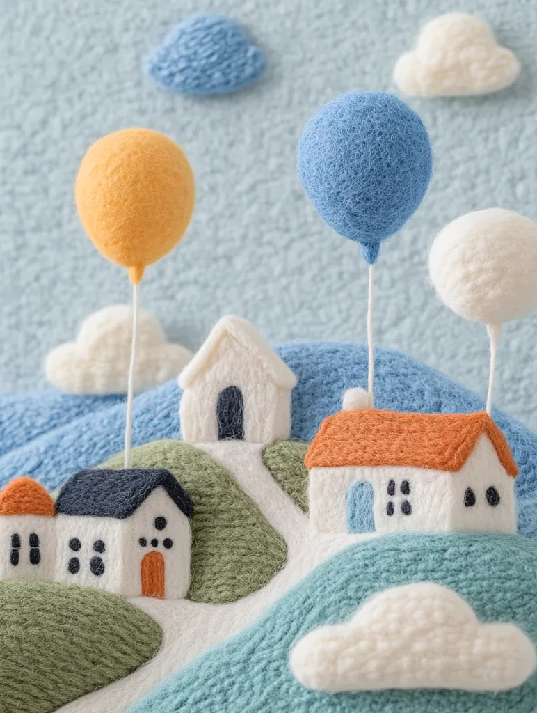 Here's a description of the image:

A charming needle-felted landscape depicts a whimsical village nestled in rolling hills. Three small houses with distinct colored roofs stand against a backdrop of light blue, textured to resemble a sky.  Pastel-colored wool felt balloons, orange, blue, and white, float above the scene, attached with thin stems.  Fluffy white clouds are scattered throughout, enhancing the serene atmosphere. The overall texture is soft and inviting, with a handcrafted, childlike aesthetic.