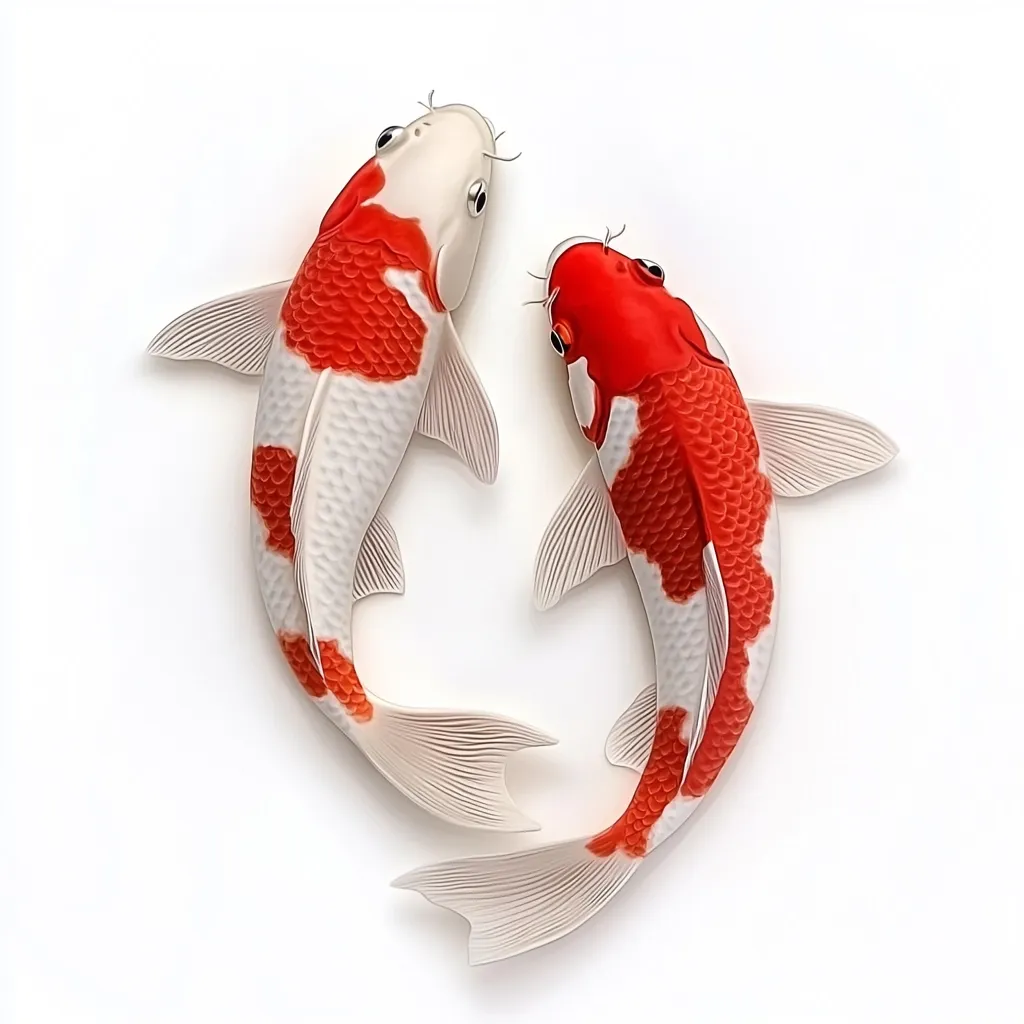 Here's a description of the image:

The image shows two Koi fish, meticulously rendered, against a stark white background. Both fish are predominantly white with vibrant red markings, exhibiting a striking contrast.  Their scales appear smooth and glossy, and their fins are gracefully extended, suggesting a sense of movement. The fish are positioned in a gentle, almost circular, dance-like formation, creating a visually appealing and harmonious composition.  The overall style is realistic, with attention to detail in the fish's texture and color.