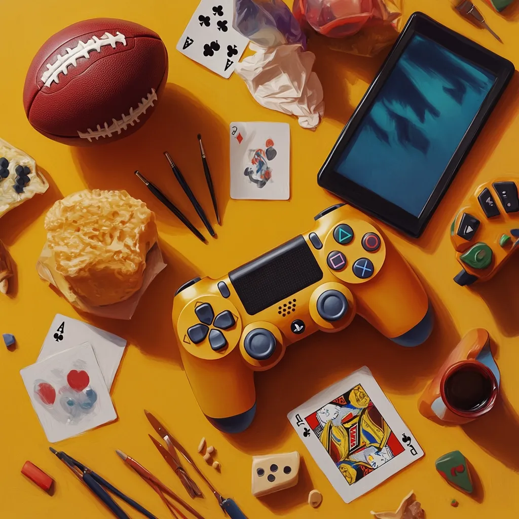 A vibrant, high-angle close-up shot depicts a mustard-yellow surface scattered with various items.  Central is a bright yellow PlayStation controller, surrounded by playing cards, paintbrushes, a football, a tablet, a small cup of coffee, and art supplies.  A piece of bread-like food sits near the brushes, adding to the eclectic mix of objects.  The scene suggests a playful blend of leisure and artistic activities. The overall style is highly stylized and painterly.