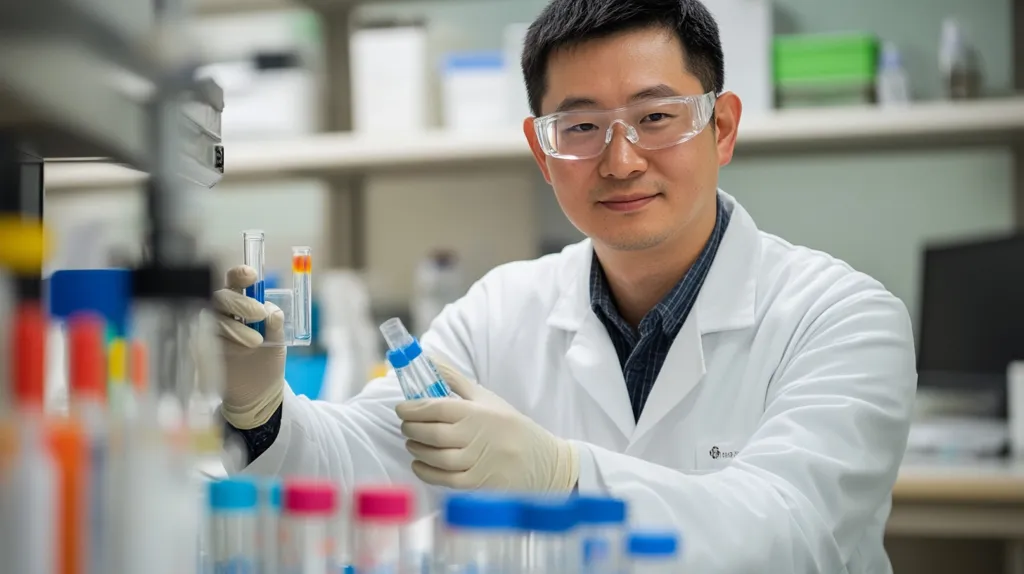 A young Asian male scientist, wearing a white lab coat and safety glasses, holds two clear test tubes containing colored liquids.  He looks directly at the camera with a pleasant expression.  Numerous other test tubes, capped in various colors, are visible in the foreground and background, suggesting a busy laboratory setting.  The overall impression is one of scientific research and precision.