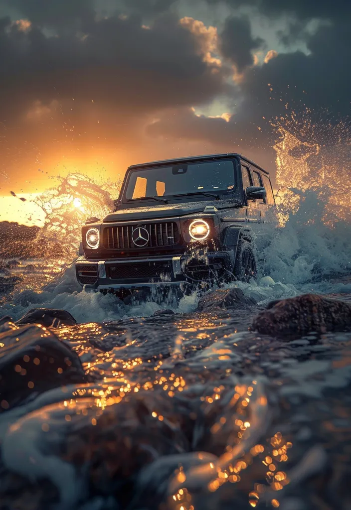 Here's a description of the image:

A dark-colored Mercedes-Benz G-Class SUV powerfully traverses a shallow, rocky waterway at sunset.  Water splashes dramatically around the vehicle, highlighting its rugged capabilities. The setting sun casts a warm, golden glow on the splashing water and rocks, creating a vibrant contrast against the darker tones of the sky and vehicle. The overall mood is one of adventure and powerful capability.