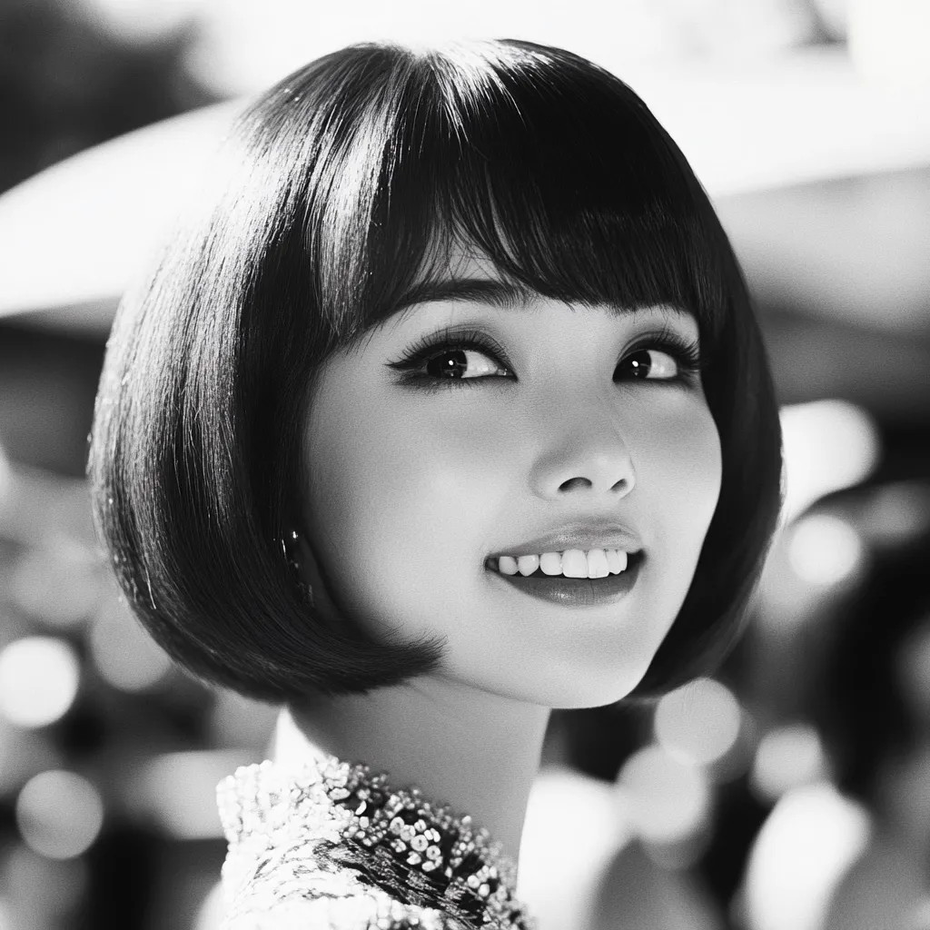 Here's a description of the image:

The black and white photograph features a young woman with a classic bob haircut, styled with blunt bangs. Her expression is subtly cheerful, a hint of a smile playing on her lips, revealing a bright, even set of teeth. Her eyes are dark and expressive, accentuated by subtle makeup. She's dressed in what appears to be a sparkly, textured top, suggesting a possibly formal or celebratory setting. The background is softly blurred, hinting at an outdoor event or a bustling atmosphere, but the focus remains sharply on the woman's face. The overall style evokes a vintage, perhaps 1960s, aesthetic.