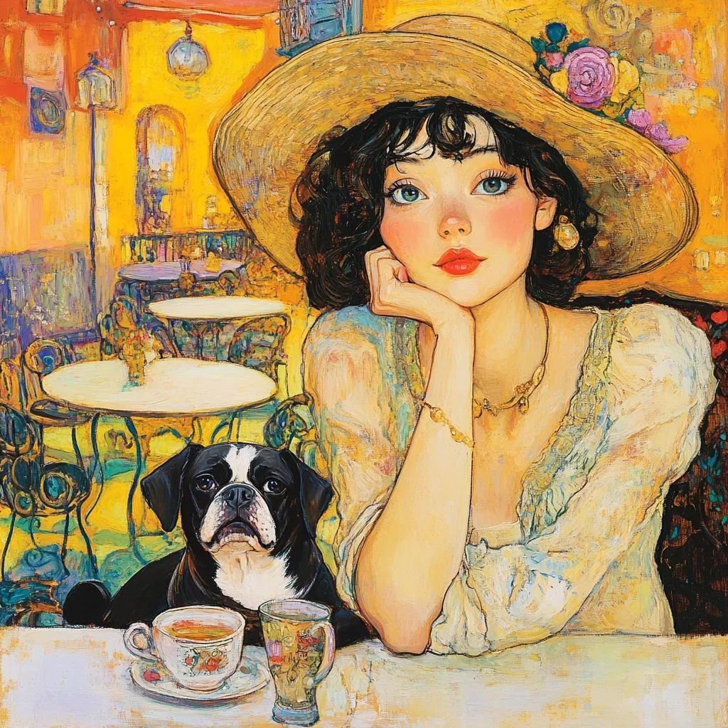 A vibrant painting depicts a young woman with dark hair, wearing a large straw hat adorned with flowers, seated at an outdoor cafe.  She rests her chin on her hand, gazing pensively. A small black and white dog sits beside her.  The cafe setting is rendered in warm yellows and oranges, with wrought-iron furniture and hints of other patrons. A cup of tea and a glass sit on the table before them, adding to the serene, slightly melancholic mood. The style is impressionistic, with visible brushstrokes contributing to the overall texture and warmth.