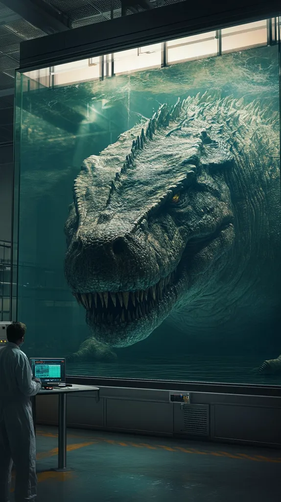 The image depicts a large, submerged Tyrannosaurus Rex viewed through a massive, aquarium-like window in a modern, industrial setting. A person in a white lab coat sits at a small table with a laptop, seemingly monitoring the dinosaur. The scene is dark and moody, with teal-green water highlighting the dinosaur's immense size and presence. The contrast between the sleek, technological environment and the prehistoric creature creates a striking visual.  The overall atmosphere is one of scientific observation or containment.