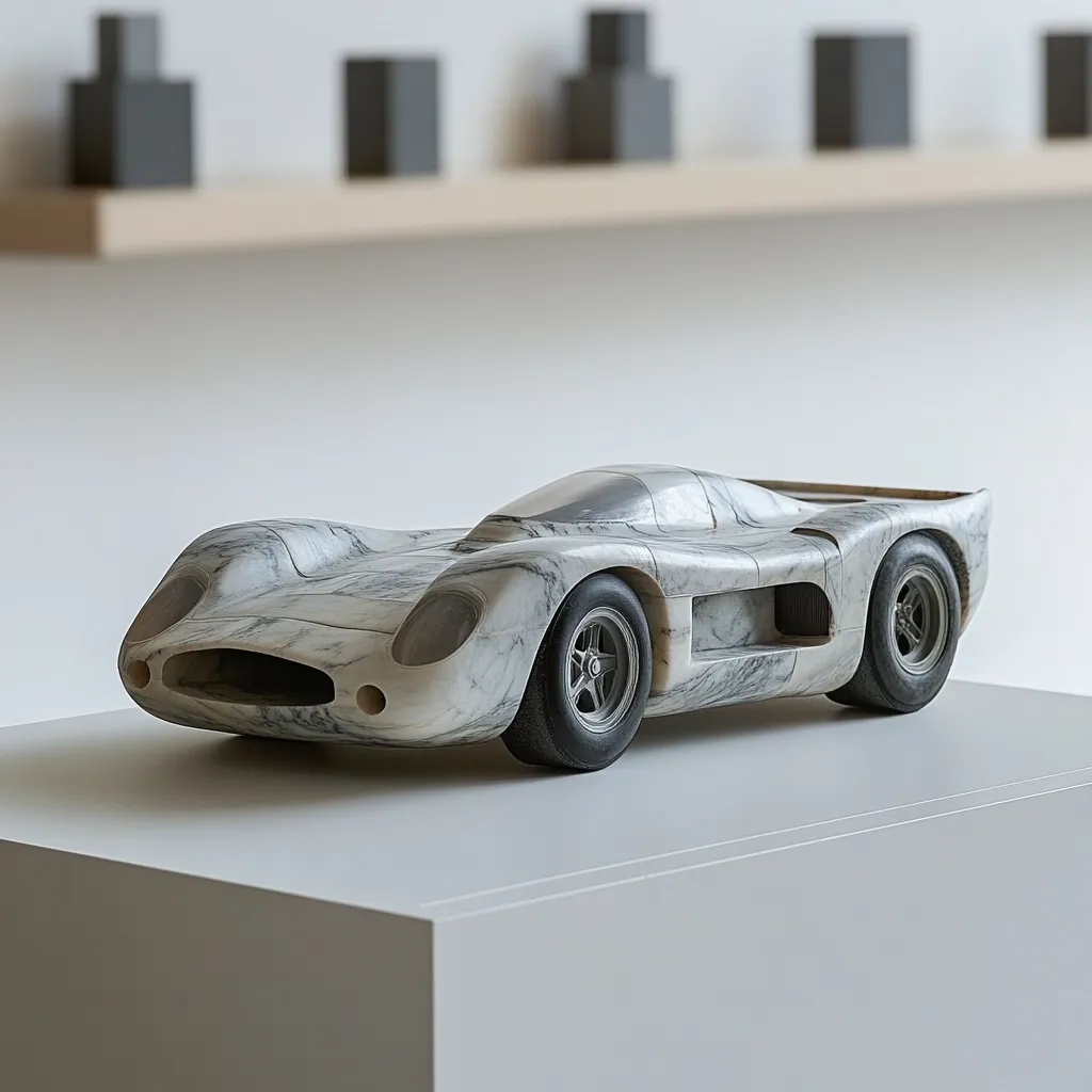 A meticulously crafted marble sculpture of a race car sits on a white pedestal.  The car, detailed with realistic features, showcases the grey and white veining of the marble.  The background features a blurred shelf with several dark grey, cuboid objects, possibly perfume bottles, suggesting an art gallery or display setting.  The lighting highlights the smooth texture of the marble and the car's curves. The overall impression is one of refined elegance and artistic skill.