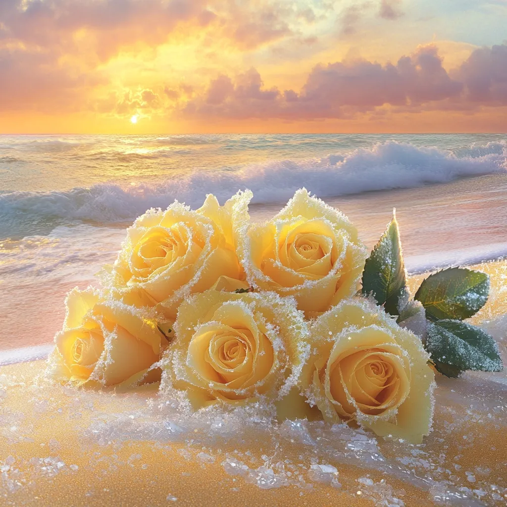 A cluster of frost-covered pale yellow roses rests on a sandy beach at sunset.  The ocean waves gently lap the shore in the background, creating a tranquil scene. The roses, delicately coated in what appears to be ice crystals, contrast beautifully with the warm colors of the sky. The overall image evokes a sense of serene beauty and peaceful contemplation.