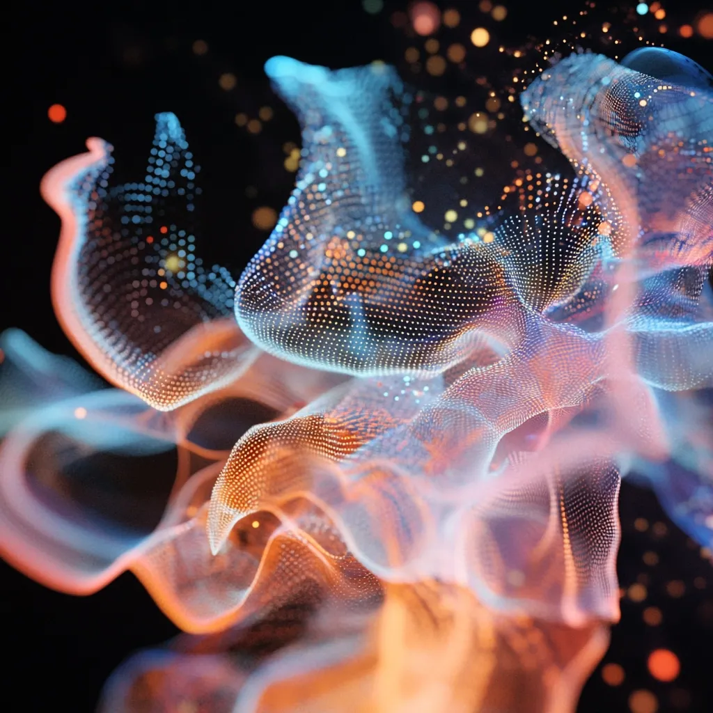 The image depicts a mesmerizing abstract formation resembling flowing, luminous smoke or clouds.  It's composed of interconnected points of light, creating a three-dimensional, ethereal effect.  The colors are primarily cool blues and warmer oranges and pinks, blending seamlessly.  A dark background enhances the luminescence of the particle-based structure, suggesting a digital or technologically generated artwork.  The overall impression is one of movement, fluidity, and otherworldly beauty.