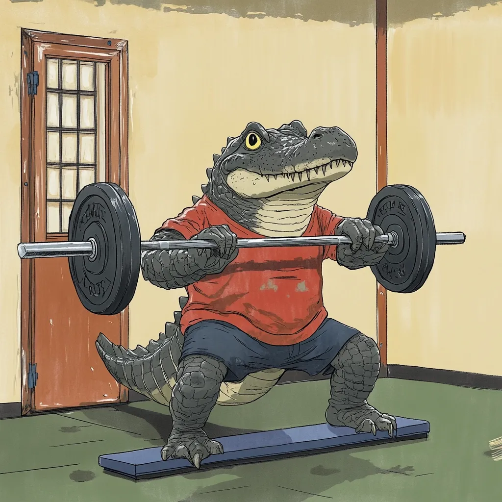 The illustration depicts an alligator in a gym setting, performing a barbell squat.  The alligator is anthropomorphic, wearing a red shirt and dark shorts. It grips a barbell with its powerful claws, its squat focused and determined. The scene is rendered in a muted color palette, with a simple gym background including a wooden door. The overall style is reminiscent of comic book art or a graphic novel.