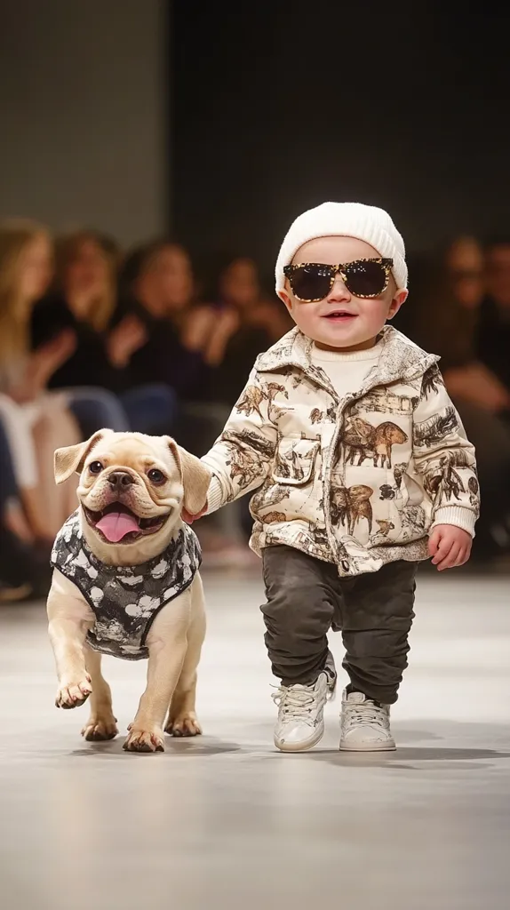 A toddler, stylishly dressed in a safari-print jacket, white beanie, and sunglasses, confidently strides down a runway.  He leads a French bulldog, also fashionably attired in a patterned vest.  The background is blurred, showing an audience watching the adorable pair during what appears to be a children's fashion show. The scene is bright and captures a charming moment of youthful runway flair.
