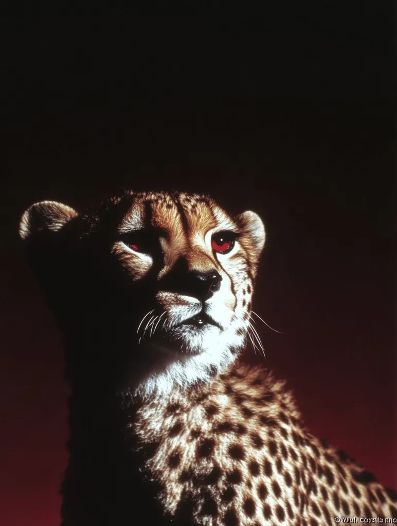 Here is a description of the image:

Close-up view of a cheetah's head and shoulders against a dark, reddish-brown background.  The cheetah is partially shadowed, highlighting its distinctive spotted coat and intense red eyes.  Its expression is serious and somewhat pensive.  The lighting is dramatic, focusing attention on the animal's features and creating a moody atmosphere. The background is almost entirely black, drawing all focus to the cheetah. The image has a high-contrast quality, enhancing the cheetah's markings and the intensity of its gaze.