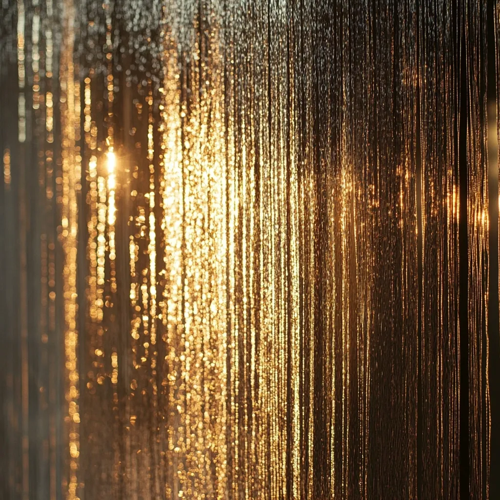 Here's a description of the image:

The photograph shows a close-up view of a beaded curtain or similar object, with sunlight shining through it.  The light creates a dazzling display of warm, golden bokeh effects, transforming the individual strands into shimmering, vertical lines of light. The overall tone is rich and luxurious, with variations in intensity of the light and the resulting bokeh. The background is dark, allowing the golden highlights to stand out prominently. The texture appears both delicate and substantial, hinting at the material's density.