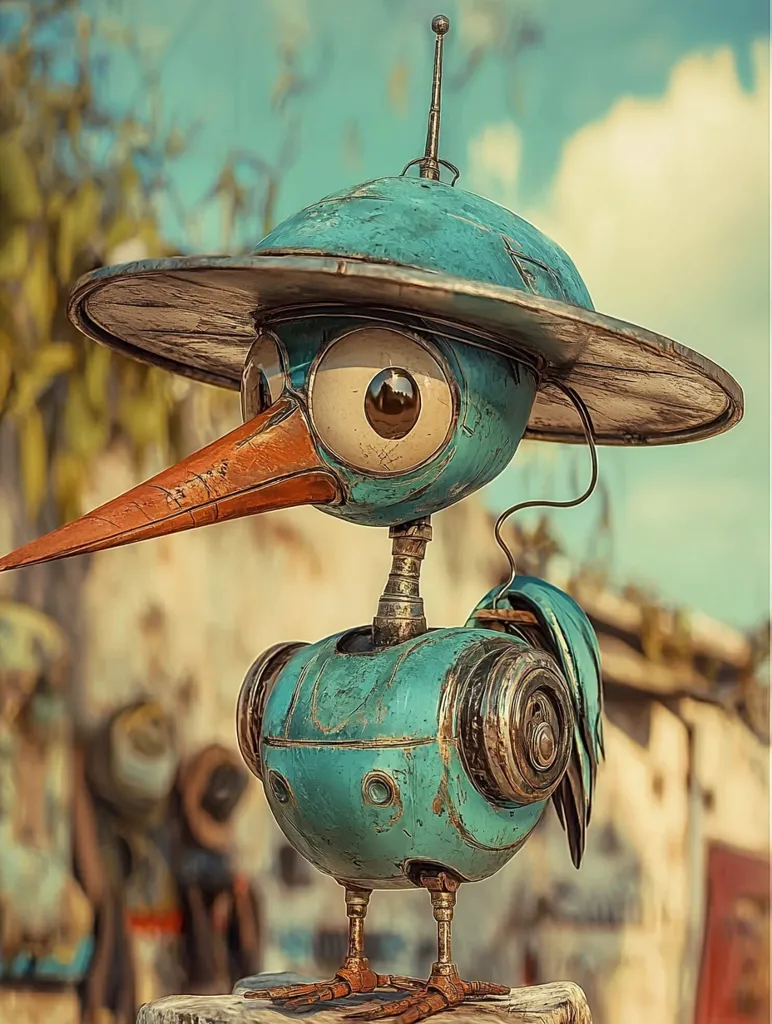 Here's a description of the image:

The image shows a charming steampunk-style robot bird.  Its body is teal, showing signs of wear and rust, suggesting age and possibly adventure.  Large, expressive eyes peek out from under a wide, saucer-like hat, adorned with an antenna.  The bird's beak is a rusty orange, and its legs and feet are detailed with rivets and mechanical elements.  It stands on what seems to be a weathered wooden post, with a blurry background hinting at a dilapidated, possibly post-apocalyptic setting. The overall aesthetic is whimsical yet slightly melancholic, evoking feelings of both curiosity and nostalgia.