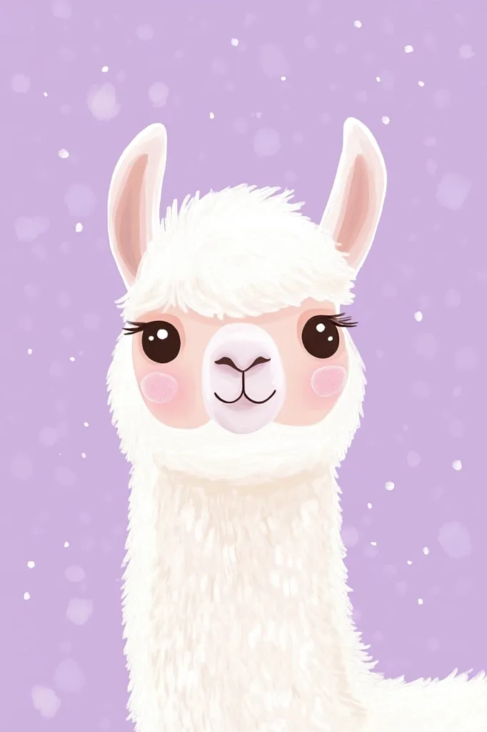 Here's a description of the image:

The illustration features a charming cartoon llama, predominantly white with a soft, fluffy coat. Its large, expressive eyes are dark brown, accented by delicate eyelashes, and its small nose and mouth create a sweet expression. The llama's face is slightly pinkish, and its ears are upright. The background is a pastel lavender, speckled with small, light purple dots, which gives a slightly dreamy or whimsical feel to the overall image. The style is soft and cute, suitable for children's books or other similar applications.