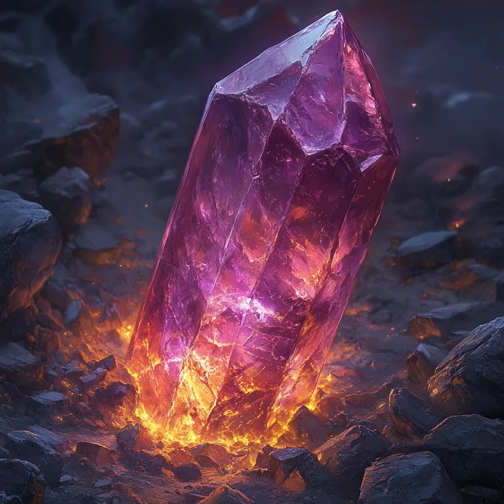 A large, vibrant purple crystal, possibly amethyst, is embedded in dark volcanic rock.  The crystal's edges are rough and uneven, contrasting with its smooth, polished interior.  Intense orange and yellow light emanates from beneath it, suggesting heat or magical energy. The overall setting is dark and mysterious, enhancing the crystal's otherworldly quality.  The image appears to be a digital rendering or artwork.