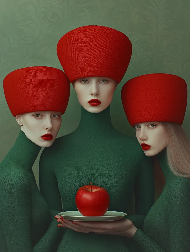 Three women, each wearing a vibrant red, boxy hat and a deep green turtleneck, are positioned against a muted green background. The central woman holds a single, red apple on a small white plate.  Their pale skin and red lips create a striking contrast with their clothing and the apple. The image evokes a sense of mystery and stylized elegance, reminiscent of classical portraiture.