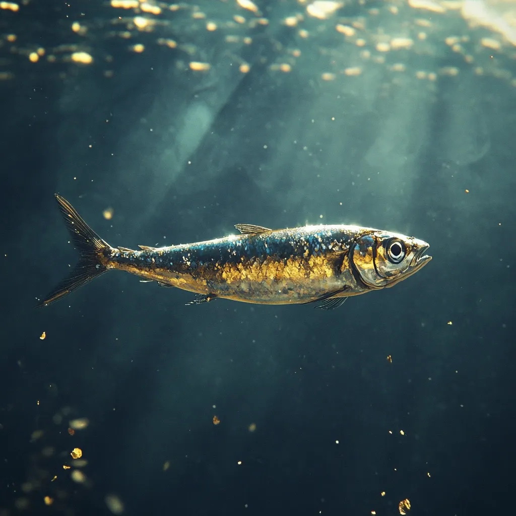 A single fish, possibly a herring or similar species, swims horizontally through dark teal water.  Sunlight filters from above, creating a hazy, ethereal effect.  The fish's scales shimmer with a golden hue, contrasting with the deep-colored background.  Small particles drift in the water, adding to the serene underwater scene. The overall impression is one of quiet beauty and underwater tranquility.