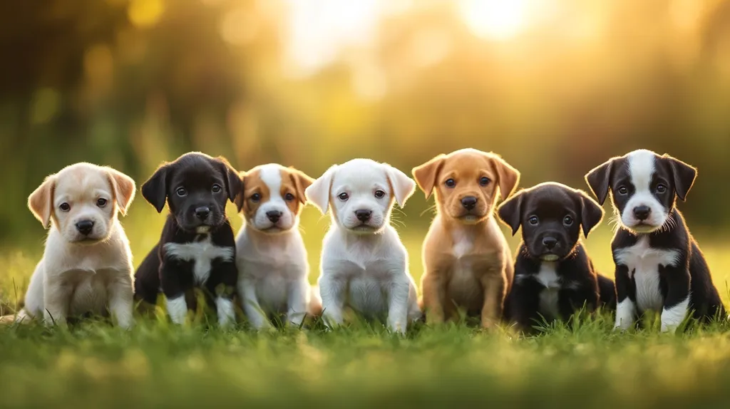 Seven adorable puppies sit in a row on a grassy field, bathed in warm, golden sunlight.  They are a diverse group, each with unique coloring: cream, black and white, tan, and white. Their innocent expressions and fluffy coats create a charming and heartwarming image, perfect for a pet-related advertisement or a heartwarming greeting card. The soft focus background enhances the puppies' cuteness and creates a peaceful, idyllic scene.