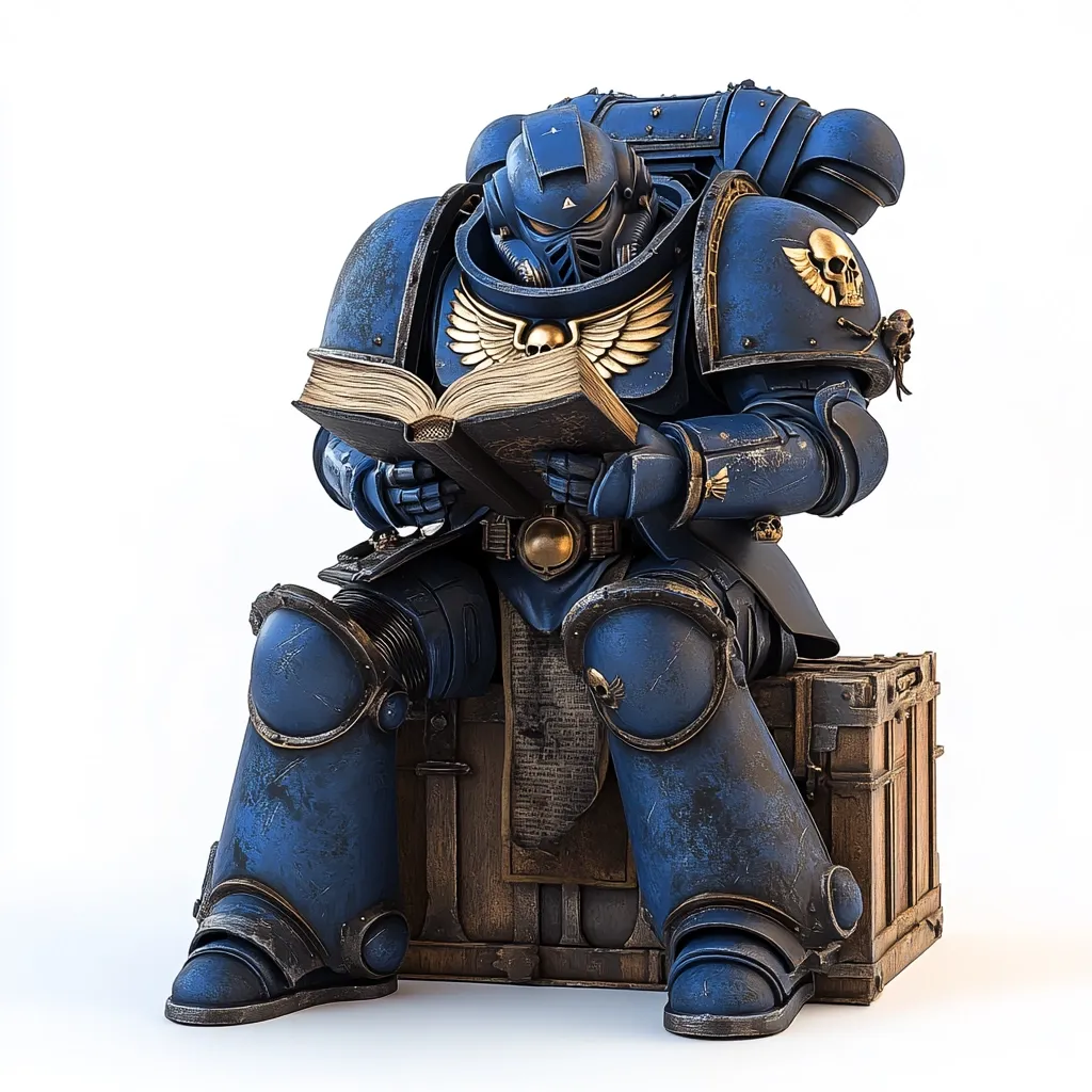 A meticulously detailed miniature of a Space Marine, clad in blue power armor showing signs of wear and battle, is depicted seated on a weathered wooden crate.  The Space Marine is engrossed in reading a large, antique-looking book, held carefully in his armored hands.  The gold trim on his armor and the book contrasts sharply with the blue, adding to the figure's impressive presence.  The scene is set against a stark white background, highlighting the figurine's intricate details and aged appearance.