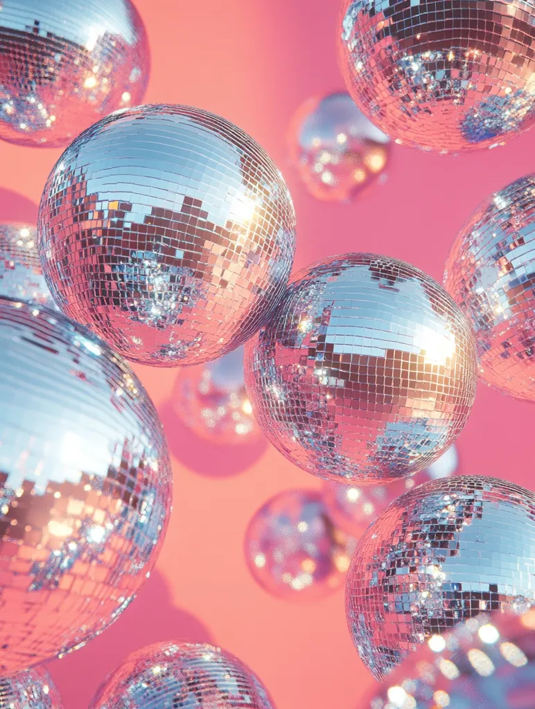 Here's a description of the image:

The image is a vibrant close-up shot of numerous disco balls against a soft pink backdrop. The disco balls vary in size, with some large and centrally positioned, others smaller and blurred in the background, creating a sense of depth. They're metallic silver, reflecting light in myriad sparkling facets. The overall effect is festive and celebratory, suggesting a party atmosphere or a glamorous aesthetic. The pink background enhances the shiny quality of the disco balls, making them the clear focal point.