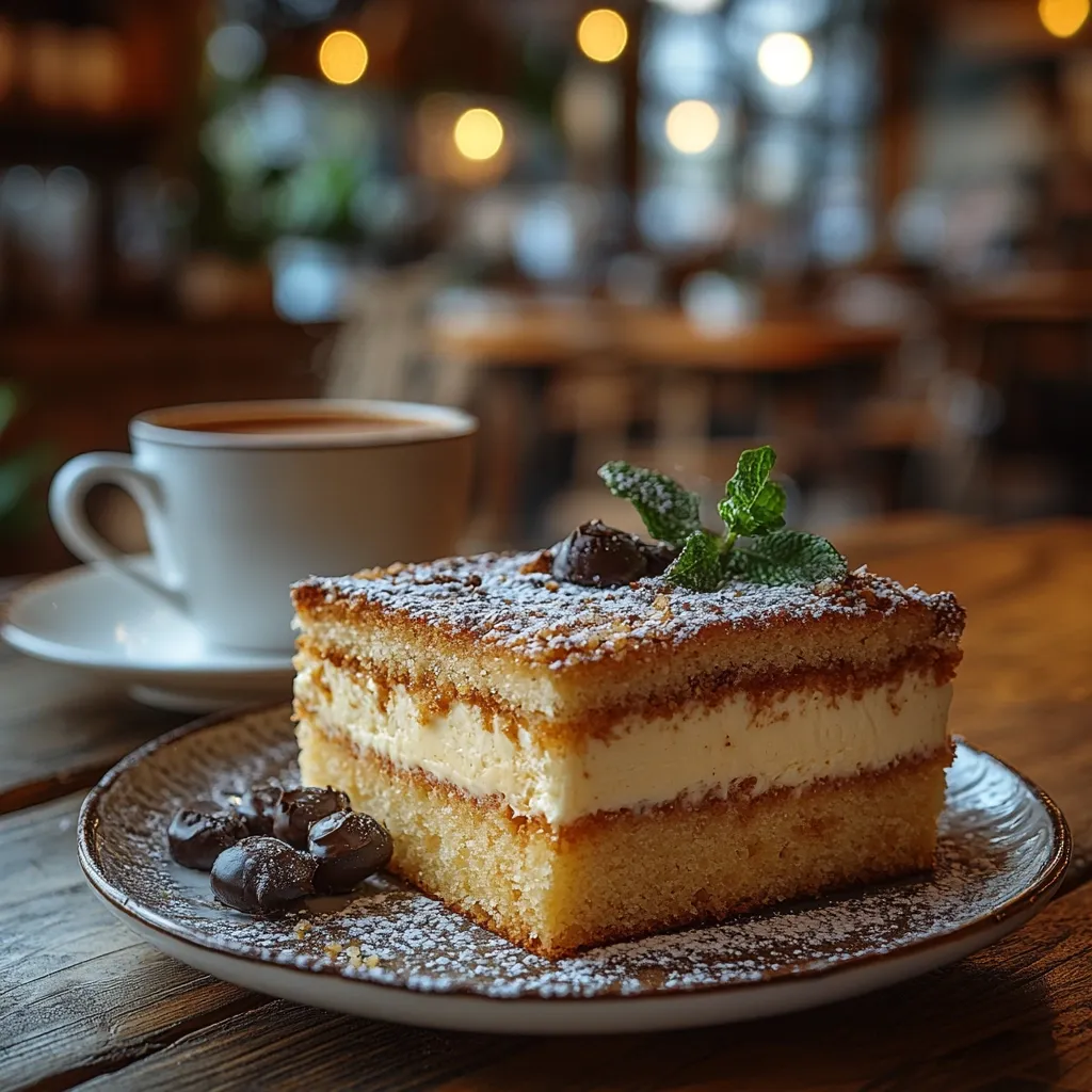 A delectable slice of layered cake, adorned with a sprig of mint and powdered sugar, sits on a rustic plate.  Beside it, a cup of coffee rests on a saucer.  The setting appears to be a cozy cafe, with blurred background lights suggesting a warm and inviting atmosphere.  Dark chocolate candies add a final touch to this inviting dessert presentation. The wood grain of the table is visible.