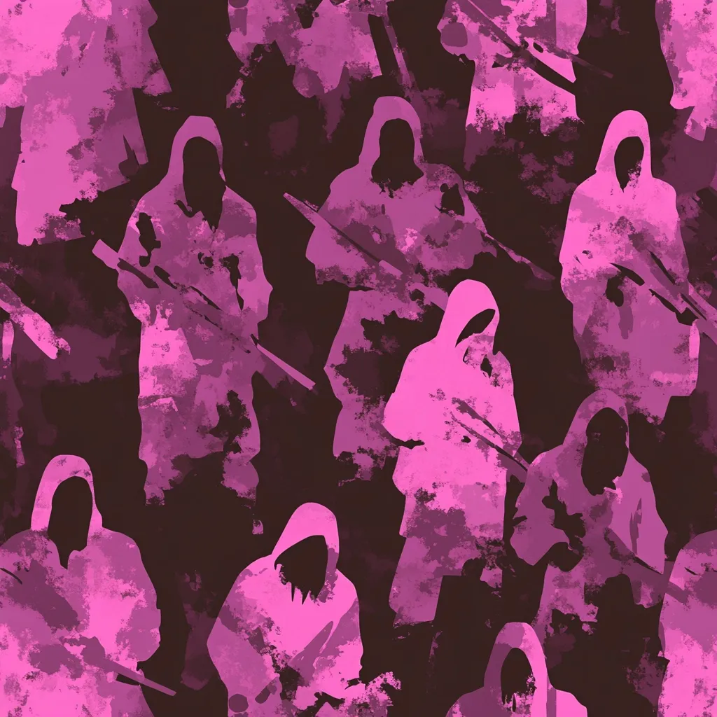 Here's a description of the image:

The image is a seamless pattern featuring numerous hooded figures, seemingly soldiers or operatives, rendered in shades of pink against a dark brown, mottled background. The figures are depicted in a somewhat abstract, painterly style, with visible brushstrokes and a textured effect creating a camouflage-like appearance.  Each figure holds what appears to be a rifle or long gun, adding to the military or tactical theme. The overall mood is dark, intense, and slightly unsettling due to the masked figures and repeated pattern. The pink figures stand out starkly against the dark background, creating a visually striking effect.