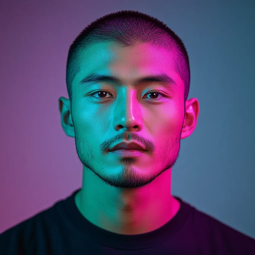 Close-up portrait of a young man with short, dark hair. His face is dramatically lit with vibrant teal and pink neon lighting, creating a striking contrast.  He has a goatee and a serious, neutral expression. The background is a muted purple-blue, focusing all attention on his face and the bold lighting effects. He is wearing a simple dark shirt. The image has a modern, stylized feel.