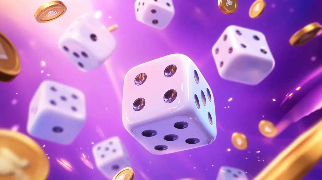 A vibrant purple background showcases multiple white dice in mid-air, seemingly floating.  Gold coins with indistinct symbols are scattered amongst the dice, creating a dynamic, energetic scene. The dice are brightly lit, emphasizing their three-dimensional form and the reflective quality of their surfaces. The overall impression suggests a game of chance, possibly a digital or virtual casino setting.  The image uses depth of field to highlight the central dice.