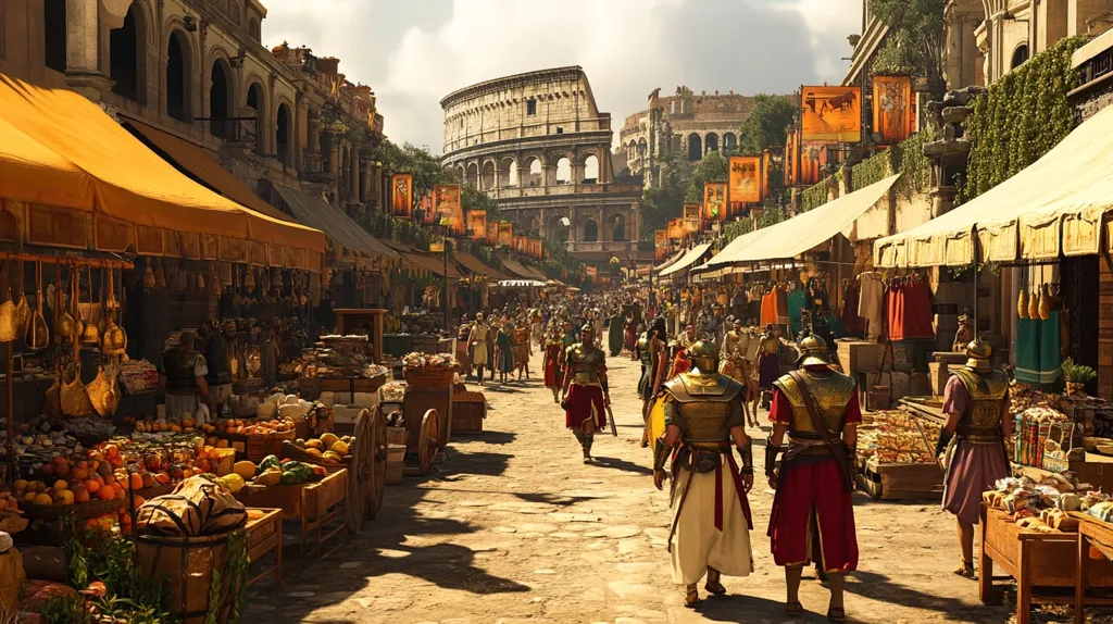 A bustling Roman marketplace stretches toward the Colosseum, its stone arches visible in the distance.  Vendors under yellow awnings display an array of fruits, vegetables, and wares.  Citizens and Roman soldiers, some in full armor, stroll along the cobblestone street, creating a vibrant scene of daily life in ancient Rome.  The sun casts long shadows, enhancing the warmth and activity of the marketplace.  The scene is filled with historical detail and a sense of lively commerce.