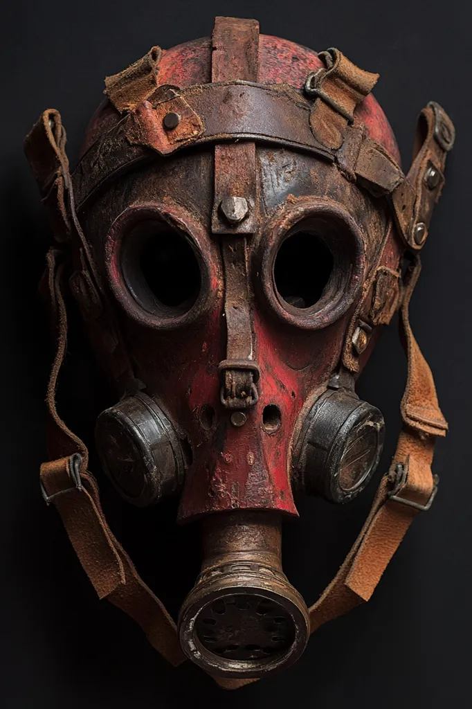 A weathered, rusty red gas mask dominates the image, its aged leather straps adding to its antique appearance.  The mask features large, circular eyepieces and a filter at the bottom, suggesting a vintage or repurposed design.  The dark background emphasizes the mask's texture and the details of its wear, creating a compelling, almost post-apocalyptic aesthetic. The overall impression is one of age, resilience, and a hint of mystery.