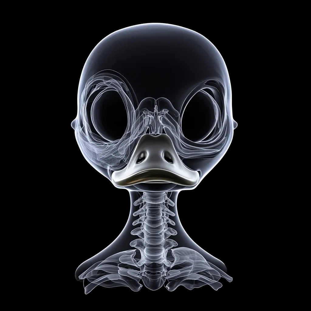 Here's a description of the image:

The image is a stylized x-ray or digital rendering of a duck's head and upper neck.  The skeletal structure is clearly visible, showing the skull, beak, cervical vertebrae, and clavicles. The rendering is translucent, allowing a ghostly view of the underlying bony structure against a stark black background.  The overall style is somewhat cartoonish, despite the anatomical accuracy. The duck's head is slightly tilted, giving a curious expression.