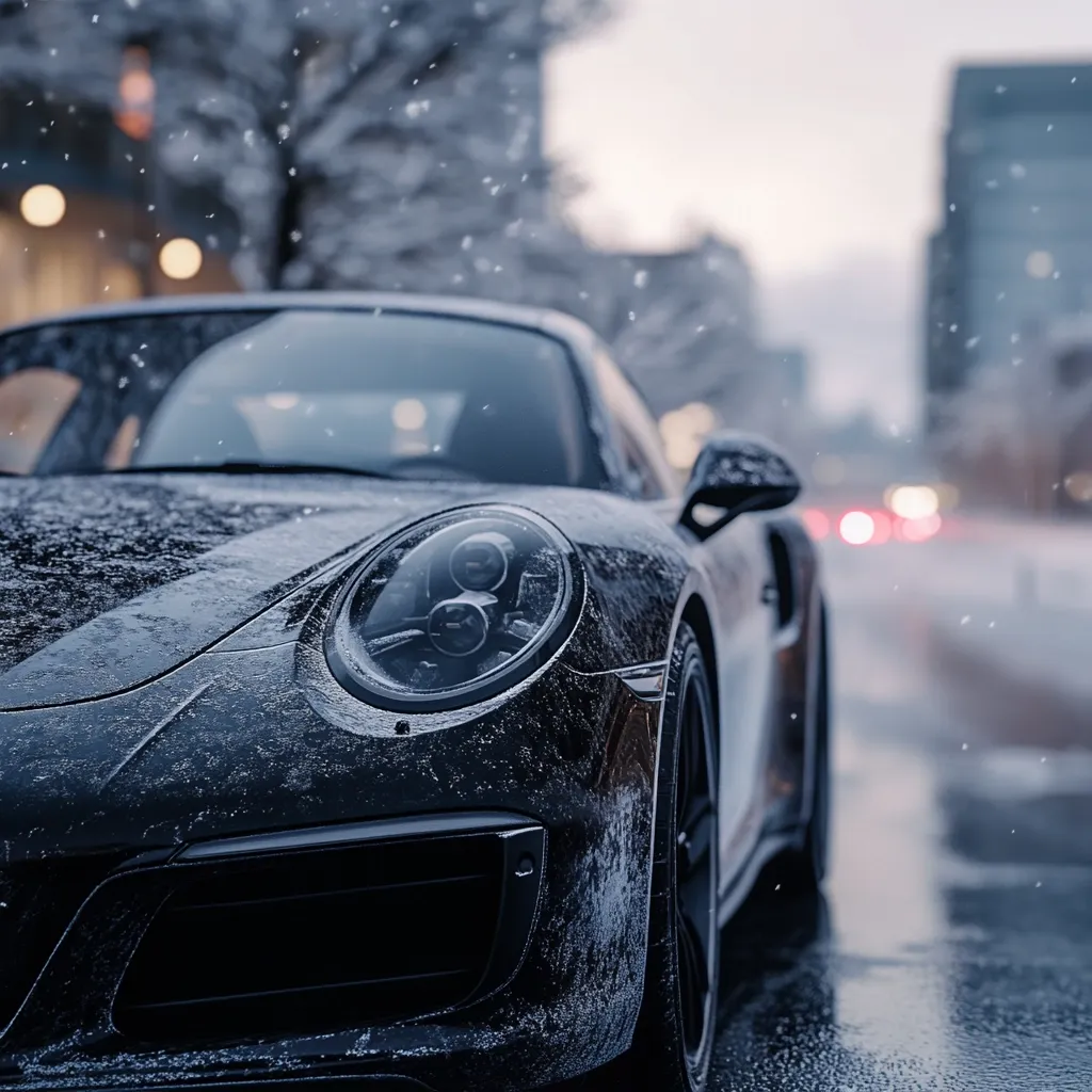 Here's a description of the image:

Close-up view of a dark-colored Porsche 911 (likely a 991 generation) parked on a city street during a light snowfall.  The car's front headlight and a portion of the body are covered in a thin layer of snow and ice, giving it a slightly frosty appearance. The background is softly blurred, showing a city street with buildings and some streetlights, creating a bokeh effect that emphasizes the car.  The overall mood is quiet and atmospheric, suggesting a cold winter evening. The wet pavement reflects the ambient light.