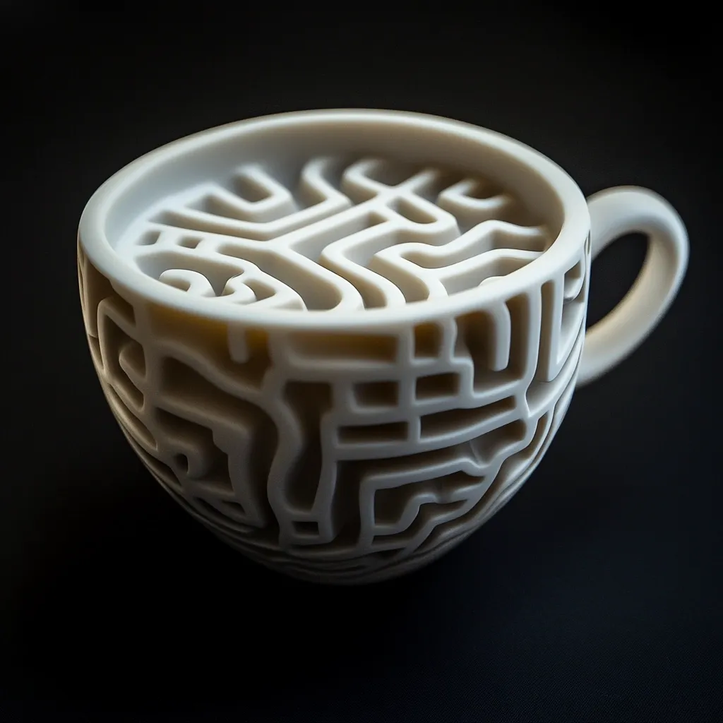 A close-up reveals a unique off-white mug, its surface intricately carved with a continuous maze-like pattern.  The design extends from the interior of the cup, which is shaped like a bowl, to the exterior, seamlessly wrapping around its form.  The mug's single handle is visible, contrasting against a dark background that enhances the mug's sculptural qualities. The overall impression is one of sophisticated design and artistic craftsmanship.