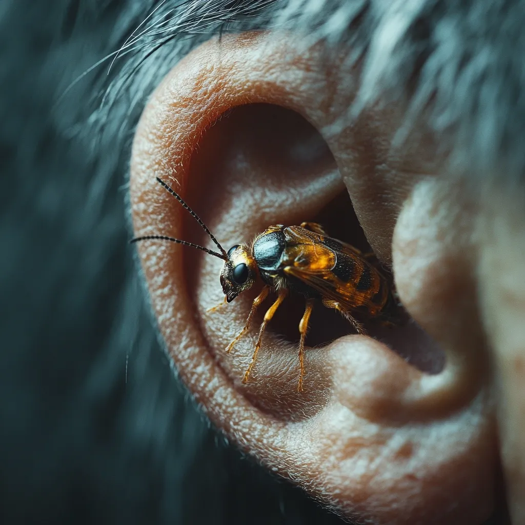 Here's a description of the image:

Close-up view of a large insect, resembling a beetle with iridescent golden-brown and black markings, perched inside the ear of a person or primate.  The insect's long antennae are visible, and its body appears detailed and textured. The ear is flesh-toned, with visible fine lines and hairs. The surrounding background is blurry and dark, focusing attention on the insect and the ear. The overall mood is one of curiosity and slightly unsettling intimacy.