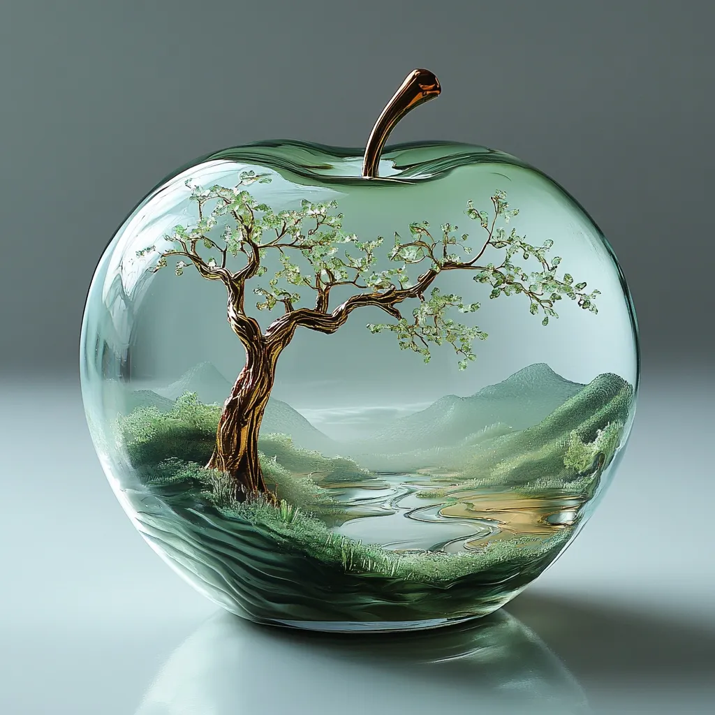 Here's a description of the image:

The image shows a meticulously crafted glass apple sculpture.  Inside, a miniature landscape is depicted, featuring a gold-colored tree with light green gemstone-like leaves, nestled amidst rolling green hills and a meandering river. The scene is serene and evokes a sense of tranquility. The apple's glass is subtly textured, giving it a realistic, almost organic feel.  The overall effect is elegant and artistic, suggesting a blend of nature and craftsmanship.