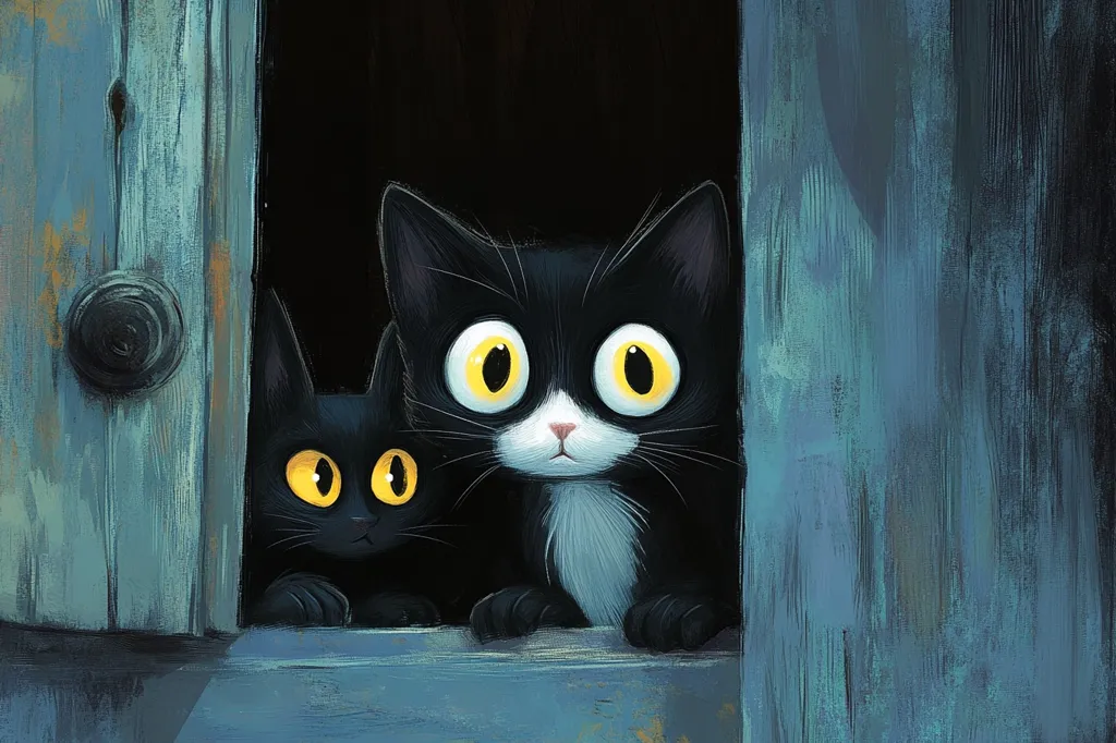 Two black cats with large, expressive yellow eyes peek from a crack in a weathered, teal wooden door.  The larger cat has a white chest marking.  Both cats appear curious and slightly apprehensive, their expressions adding to the whimsical and slightly mysterious mood of the artwork. The paint style is textured and slightly impressionistic, enhancing the overall feeling of a hidden scene.