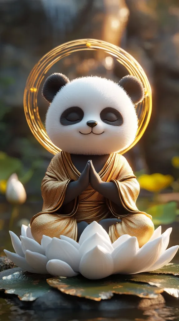 Here's a description of the image:

A serene digital rendering depicts a panda, clothed in a golden monk's robe, seated in a meditative posture on a white lotus flower.  Its paws are pressed together in prayer, eyes closed peacefully. A golden halo-like ring encircles its head. The panda is situated on a lily pad in tranquil water, with blurred greenery and soft, sunlit background. The overall aesthetic is calming and spiritual, blending elements of Eastern religion and adorable animal imagery.