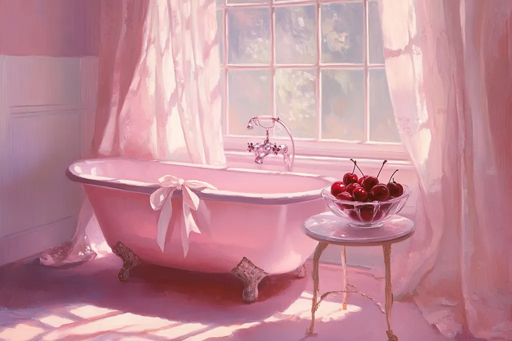 Here's a description of the image:

The painting depicts a serene bathroom scene bathed in soft, pink light. A clawfoot bathtub, painted a delicate pink, sits center stage, adorned with a pale pink ribbon bow.  Sunlight streams through sheer, pink curtains draping a window behind it.  A small, glass bowl filled with ripe red cherries rests on a delicate, light-colored side table near the tub.  The overall aesthetic is one of gentle femininity and tranquil beauty. The pink tones create a dreamy, almost whimsical atmosphere.