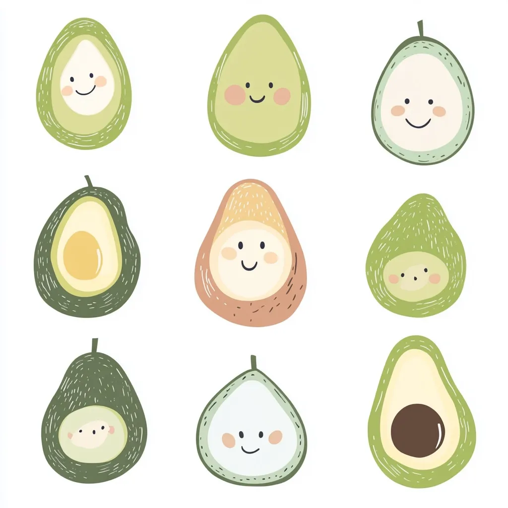 Nine illustrated avocados, each with a unique style and expression, are arranged in a grid pattern against a white background.  Some are whole, others halved, showing the seed.  The avocados vary in color and texture, with some featuring hand-drawn lines, while others have smoother finishes.  All are depicted with simple, cheerful faces, adding a playful element to the otherwise realistic fruit depictions.  The overall style is cute and whimsical.